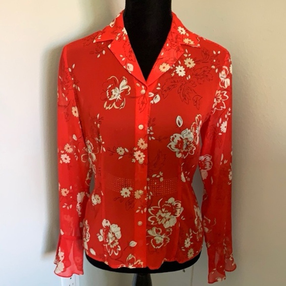 LOFT Scarlet Floral Sheer Silk Lightweight Button-Up Blouse with Bell Sleeves